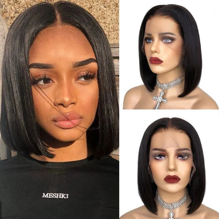 Bob wig with a wavy texture for a beachy lookShort Straight Glueless HD Lace Front Bob Wig Natural Black Pre Plucked Human Hair Bob Wigs-Geetahair