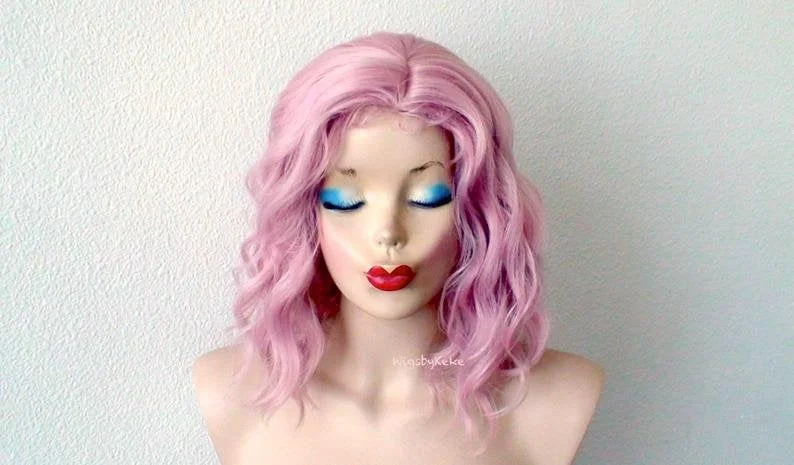 Colored wig with a 150 - density for a full and thick appearance16" Pastel Blush Pink Short Wavy hairstyle Wig