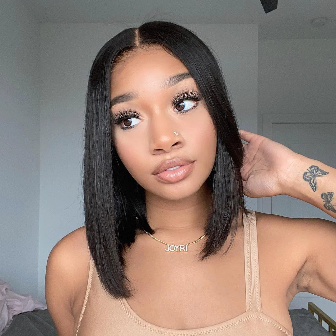 Bob wig with a curly fringe for a playful and youthful vibeDouble Drawn 180 % Density Silky Bone Straight 13x4 Lace Frontal Bob Wig