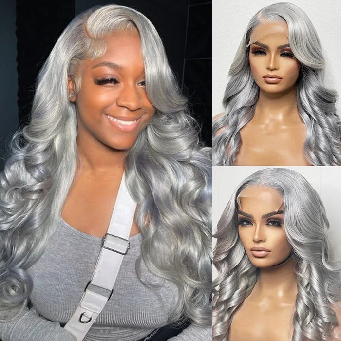 Colored wig with a wavy texture for a beachy and fun lookOneMore Silver Grey Body Wave 13x4 HD Lace Front Wig Glueless Colored Human Hair Wigs