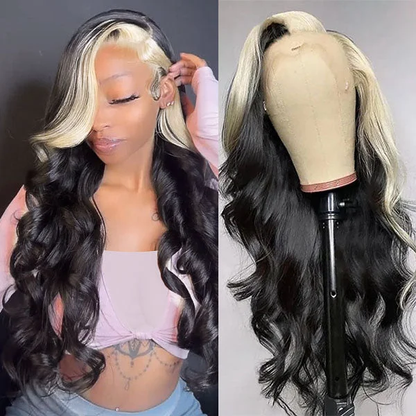 Adjustable - cap colored wig for a comfortable fitOneMore Skunk Stripe Hair Body Wave 13x4 Lace Front Wig Black with Blonde HD Lace Wig