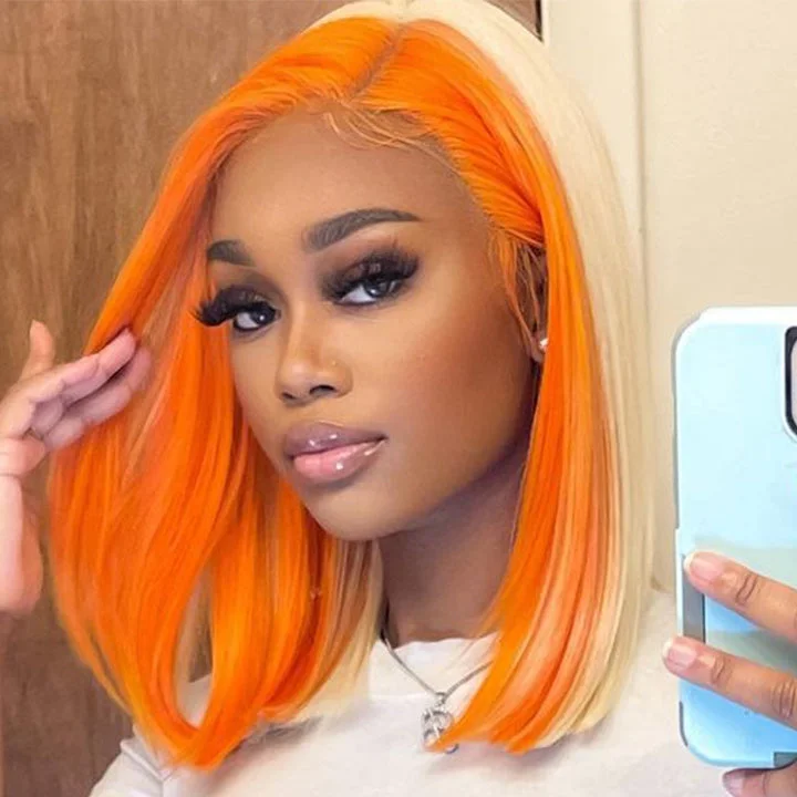 Bob wig with a blunt cut for a modern and edgy styleSkunk Stripe Hair Straight Lace Front Bob Wig With Orange Highlight HD Transparent Lace Human Hair Bob Wigs