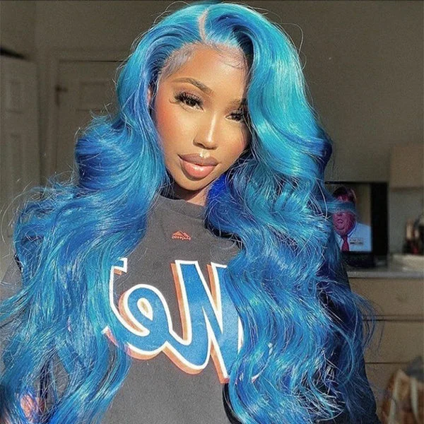 Colored wig with a purple - violet shade for a regal and elegant lookSky Blue Lace Front Wig Body Wave 13x4 Lace Frontal Wig Preplucked Light Blue Colored Human Hair Wig