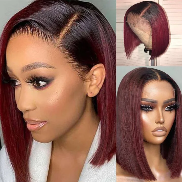 Layered bob wig to add volume and dimensionStraight Burgundy Glueless HD Lace Front Bob Wig with Black Roots 99j Colored Short Human Hair Bob Wigs