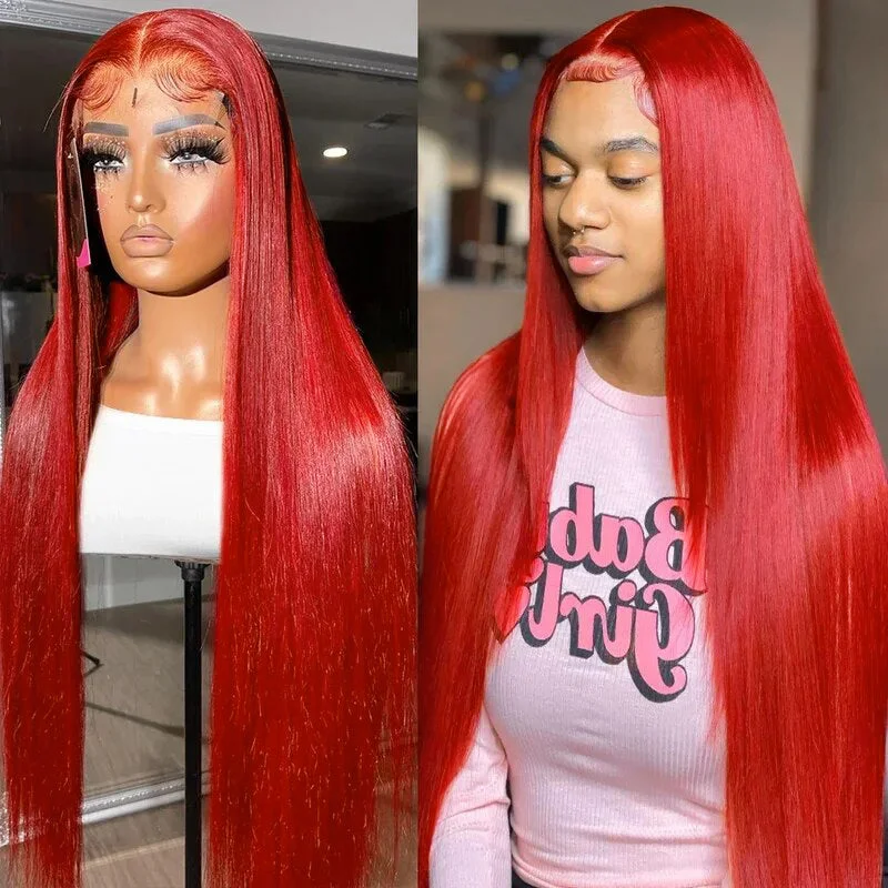 Synthetic colored wig with a heat - resistant formula for easy stylingOneMore Glueless Red Lace Front Wig HD Transparent Lace Straight Hair 13x4 Lace Front Wig 180% Density