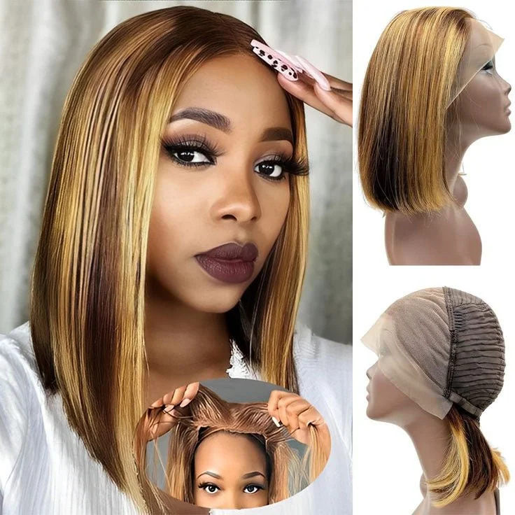 Colored wig with a middle - part for a classic and elegant styleGlueless 13x4 Lace Frontal Honey Blonde Ombre Highlight Bob wig Remy Hair