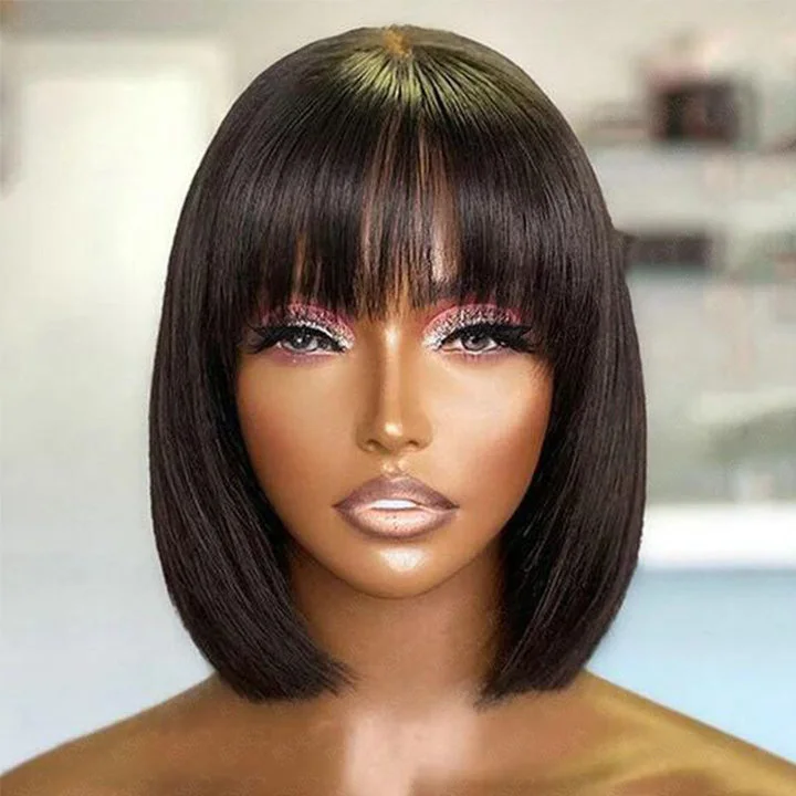 Bob wig made from high - quality synthetic fibersBlunt Cut Short Layered Bob Wigs With Bangs Full Cap Non Lace Wig