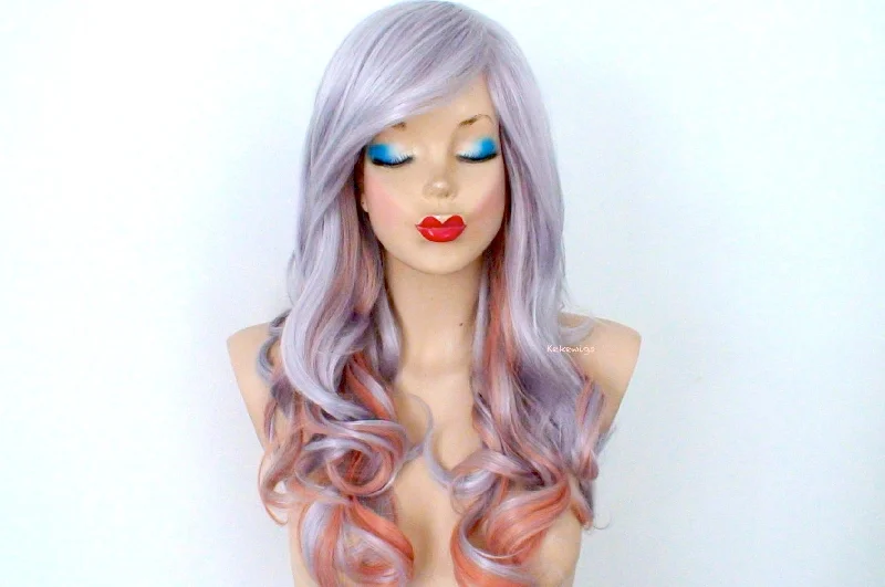 Colored wig with a pre - plucked hairline for a more natural look26" Pastel Gray /Rose Gold Ombre Long Curly Hair Long Side Bangs Wig