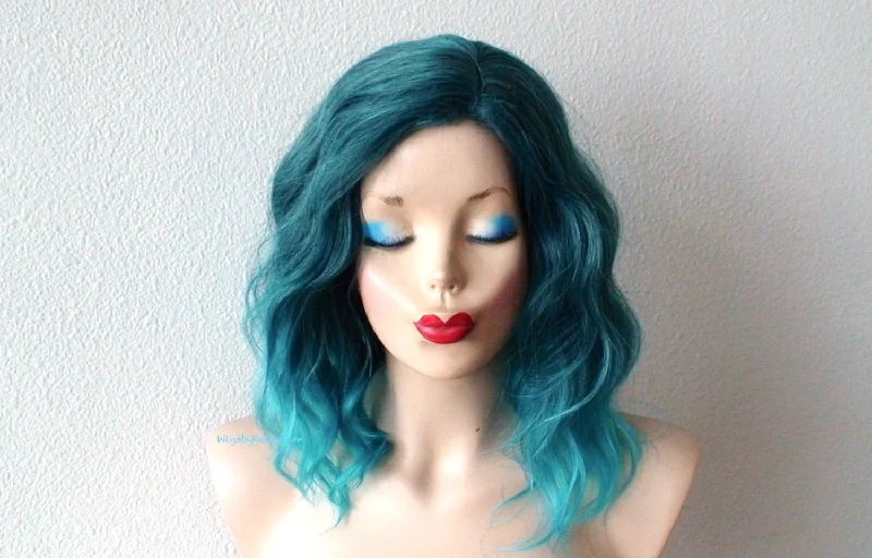 Colored wig with a natural - looking root for a more realistic look16" Pastel Teal Blue Ombre Short Wavy Hairstyle Wig