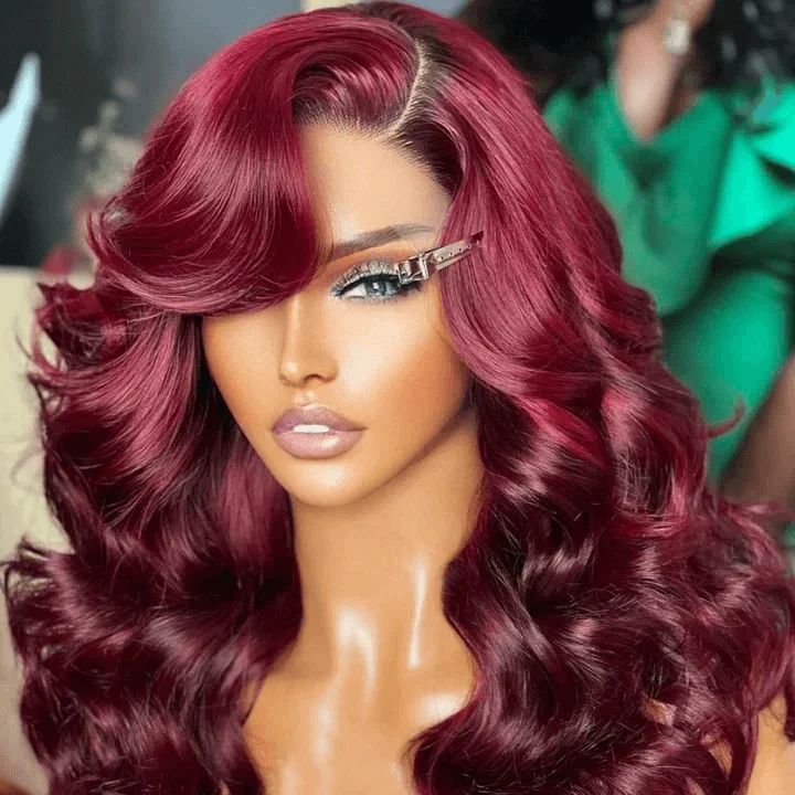 Human - hair colored wig for a natural and luxurious feelTuneful 99J Burgundy Colored 13x4 Full Lace Frontal Human Hair Bob Wigs