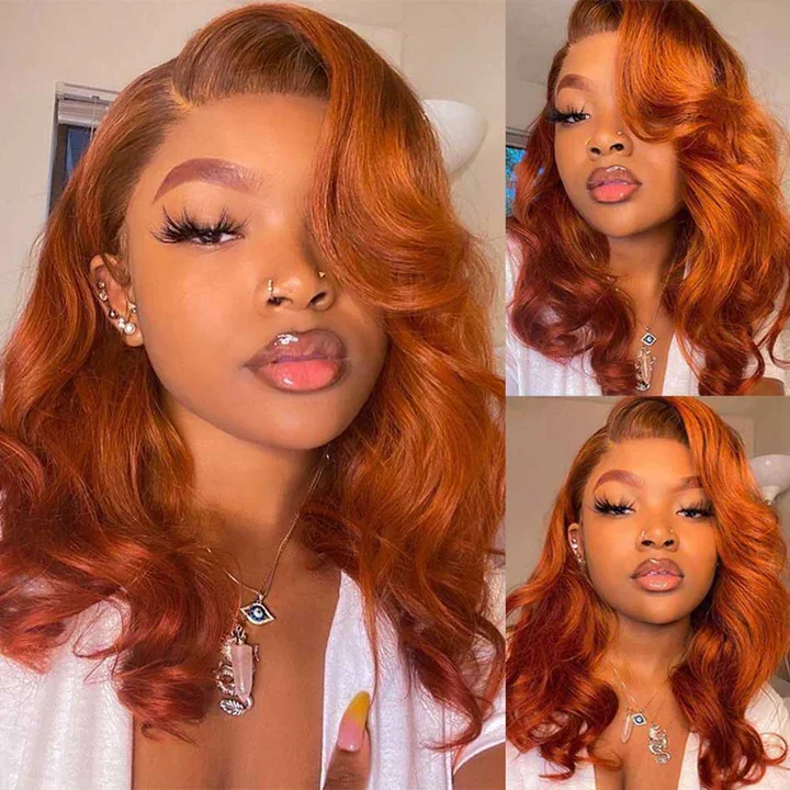 Colored wig with a 150 - density for a full and thick appearanceTuneful Glueless Elegant Ginger Colored 13x6 Lace Front 4x6 Wear Go Human Hair Body Wave Bob Wigs