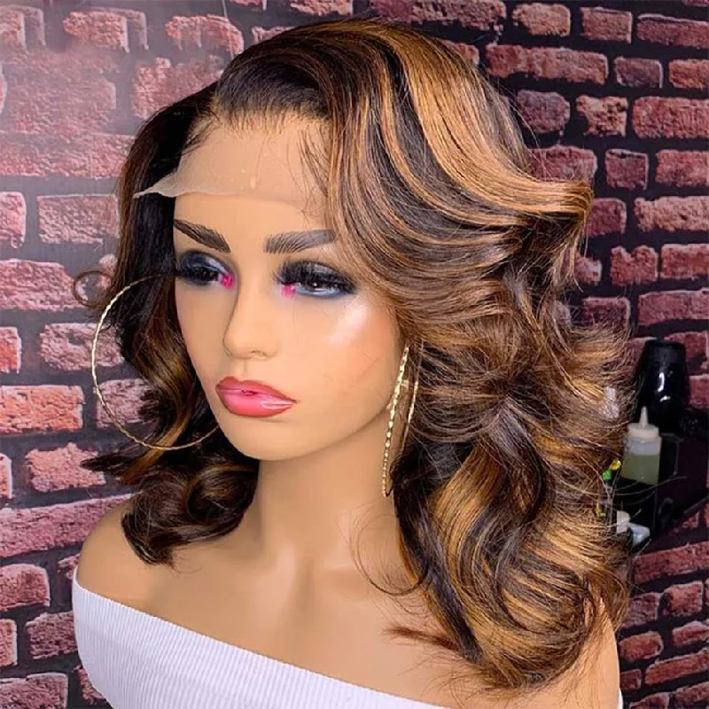 Colored wig with a silk - base cap for a comfortable and smooth feelTuneful Glueless Highlight Body Wave Wavy Bob Wigs Colored Human Hair Frontal Closure Bob Wig