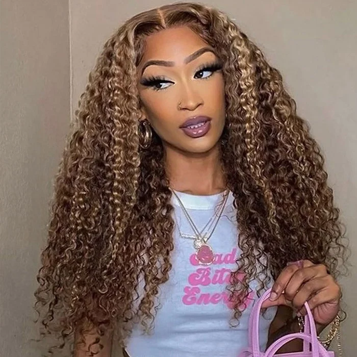 Human - hair colored wig for a natural and luxurious feelReady To Wear Highlight Brown P4/27 Kinky Curly Wigs 180% Density Deep Curly Pre-plucked Glueless Lace Wigs With Bleached Knots Pre-cut Lace Esy Installed