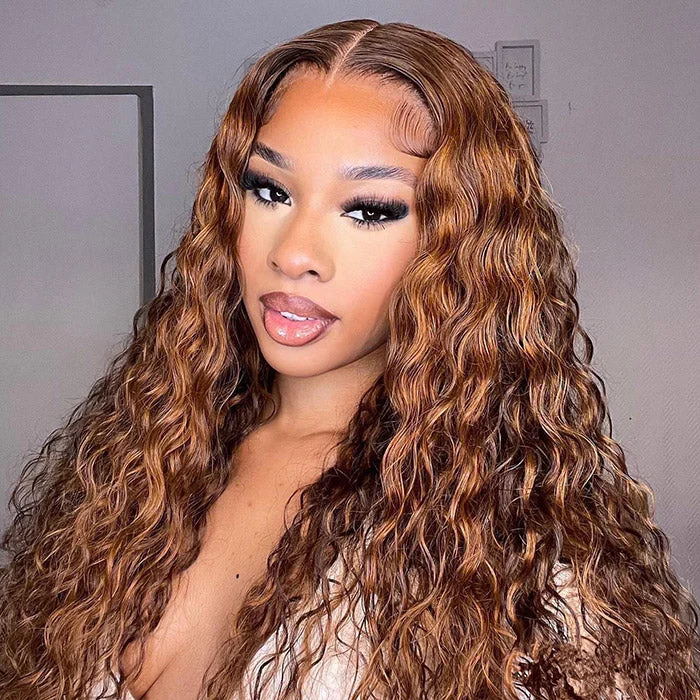 Colored wig with a wispy fringe for a soft and feminine lookReady To Wear Highlight P4/27 Water Wave Wigs Pre-plucked 13x4 HD Lace With Bleached Knots Water Wave Glueless Lace Wigs