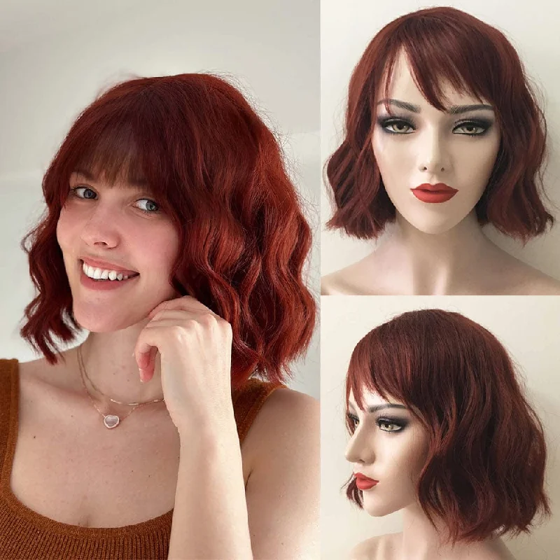 Bob wig for daily wear with a low - maintenance designWomen Auburn Dark Red Short Wavy Bob Fringe Bangs Wig