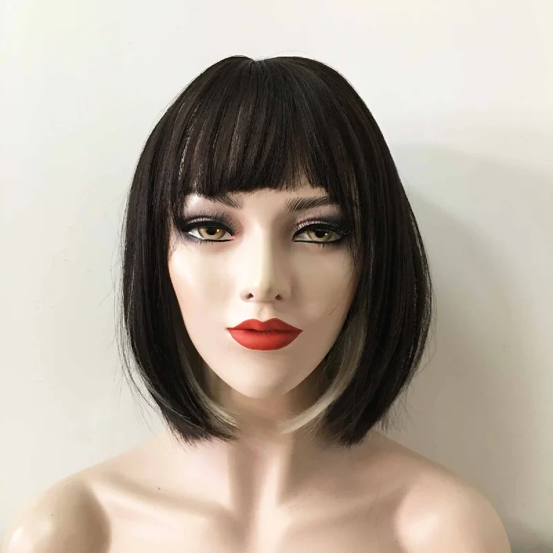 Bob wig with a pixie - inspired cut for a bold and stylish choiceWomen Black Blonde Two Tone Layered Short Bob Fringe Bangs Wig