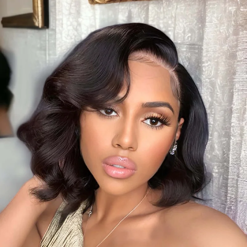 Bob wig made from high - quality synthetic fibersWomen Black Women Human Hair 13X6 HD Transparent Lace Front Short Bob Bouncy Deep Wave Side Part Wig