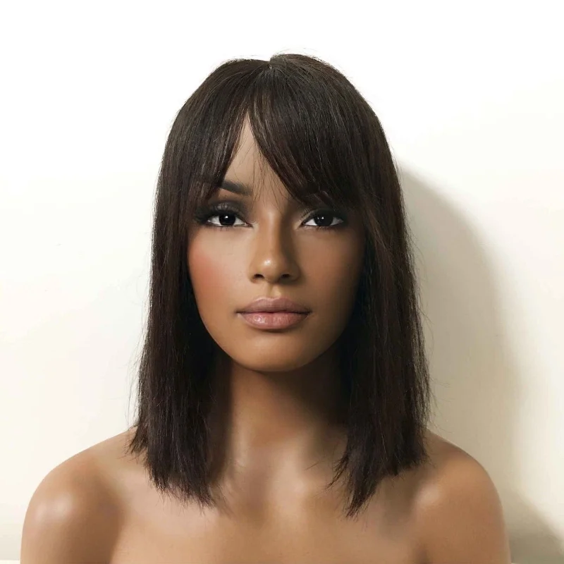 Layered bob wig to add volume and dimensionWomen Black Real Human Hair Medium Length Straight Bob Fringe Bangs Wig