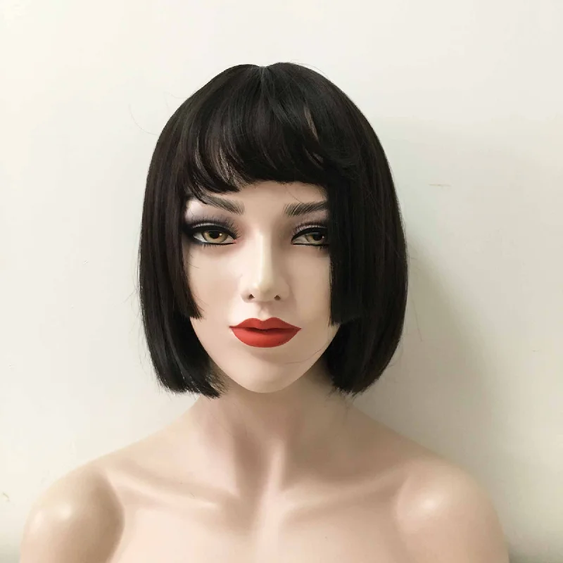 Synthetic bob wig with a natural - looking textureWomen Black Short Straight Bob Fringe Bangs Layered Wig