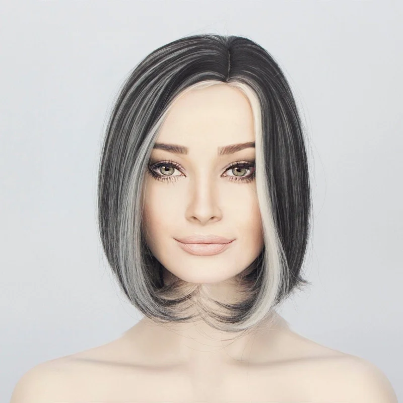 Bob wig with a pre - plucked hairline for a more natural lookWomen Black White Salt And Pepper Short Straight Bob Side Part Wig