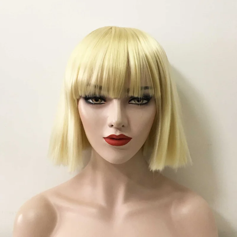 Lace - front bob wig for a seamless hairlineWomen Blonde Short Straight Bob Yaki Fringe Bangs Wig