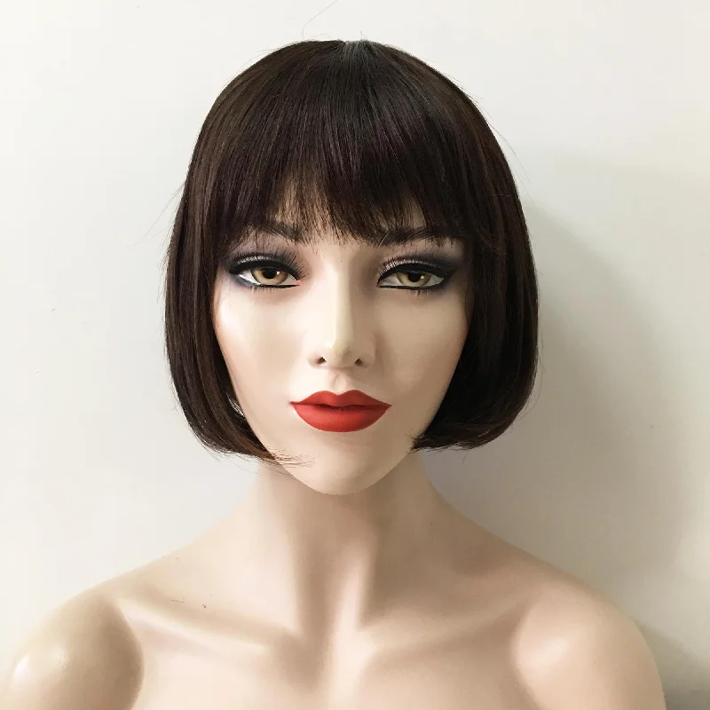 Bob wig with a monofilament cap for a breathable feelWomen Very Dark Brown Human Hair Short Straight Bob Fringe Bangs Wig