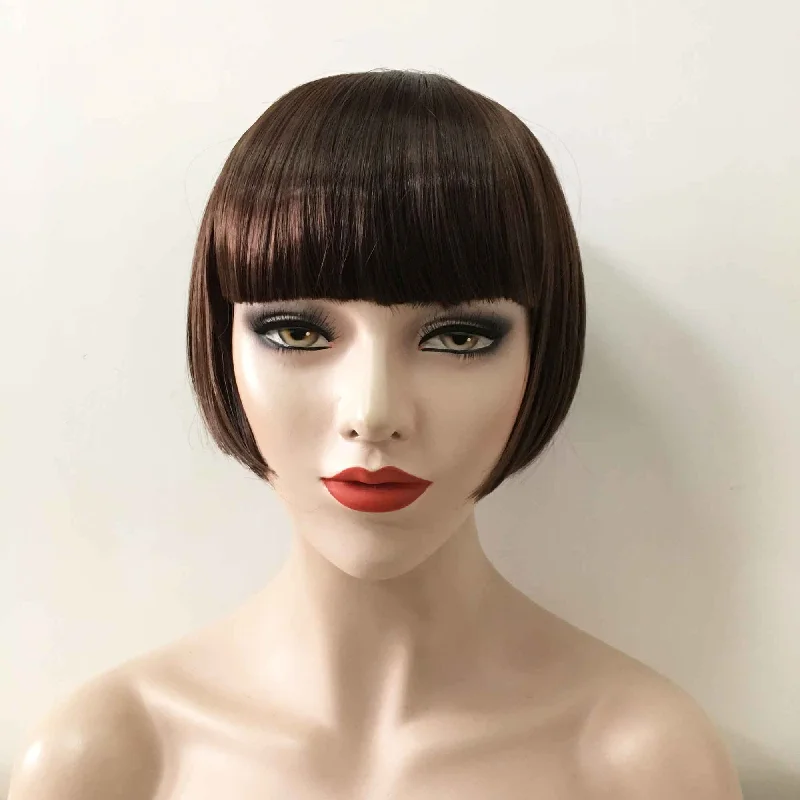 Layered bob wig to add volume and dimensionWomen Dark Brown Short Straight Bob Blunt Bangs Wig