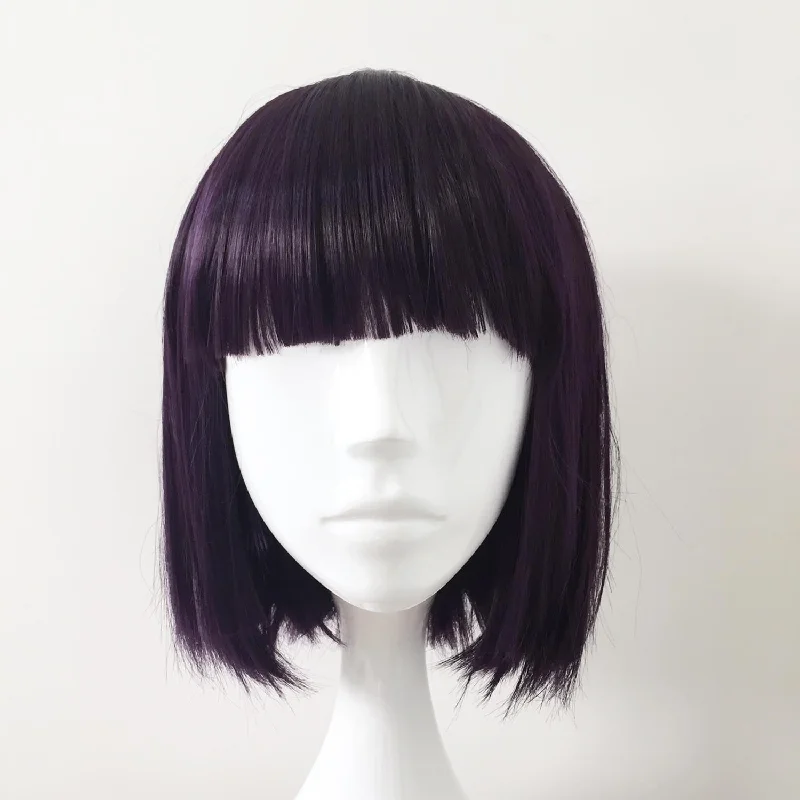 Heat - resistant bob wig for styling versatilityWomen Dark Purple Short Straight Bob Blunt Bangs Wig