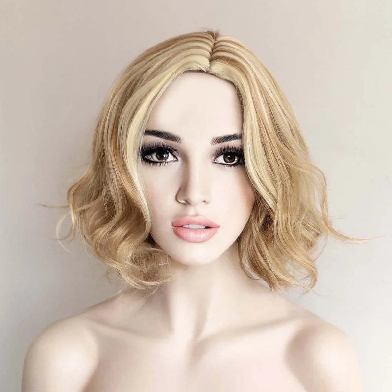 Short - bob wig for a super - sleek and minimalist styleWomen Light Toffee Blonde Ombre Short Curly Bob Side Part Wig