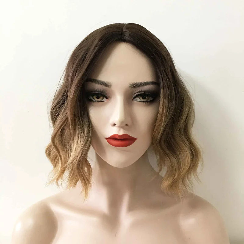 Lace - front bob wig for a seamless hairlineWomen Ombre Dark Brown Blonde Short Curly Middle Part Bob Wig