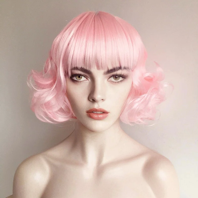 Synthetic bob wig with a natural - looking textureWomen Pink Short Curly Fringe Bangs Lolita Wig