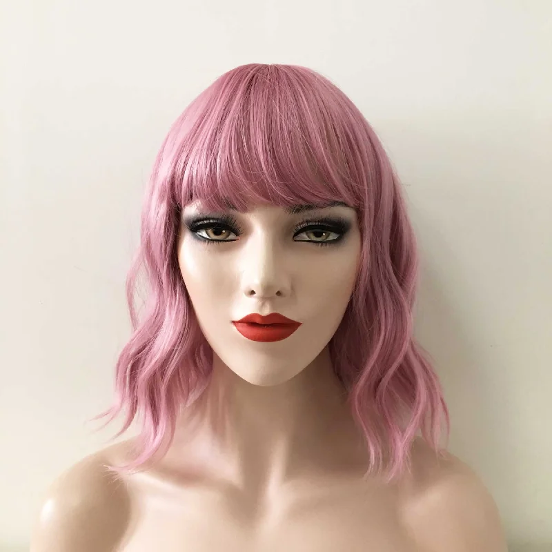 Bob wig with a curly fringe for a playful and youthful vibeWomen Pink Short Wavy Bob Fringe Bangs Wig