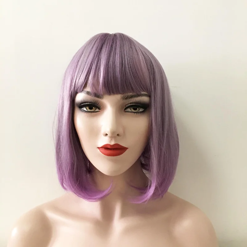 Bob wig with a wavy texture for a beachy lookWomen Purple Gray Ombre Short Straight Bob Fringe Bangs Wig