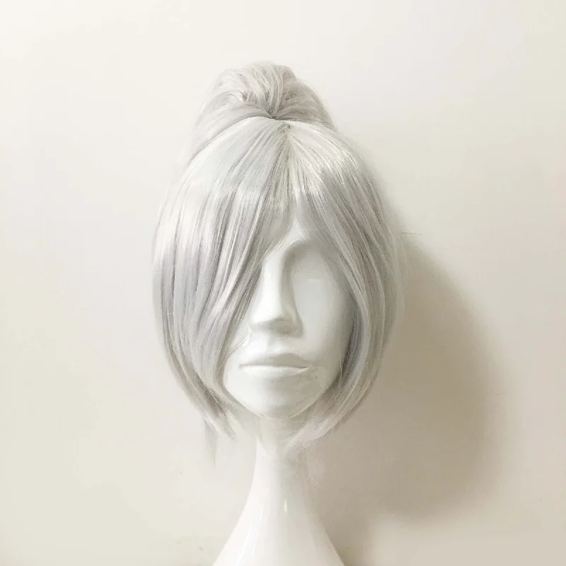 Bob wig in a jet - black color for a classic appearanceWomen Silver White Short Detachable Top Bun Bob Cosplay Wig