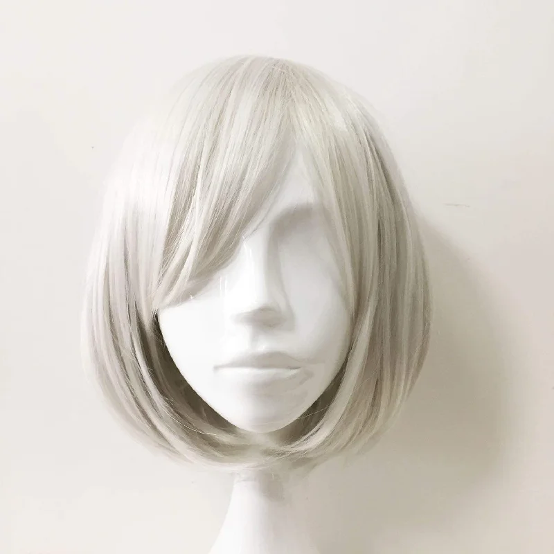 Bob wig with a monofilament cap for a breathable feelWomen Silver White Short Straight Fringe Bangs Bob Cosplay Wig