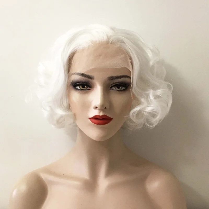 Bob wig with a pre - plucked hairline for a more natural lookWomen Snow White Lace Front Short Curly Vintage Style Slicked Back Wig