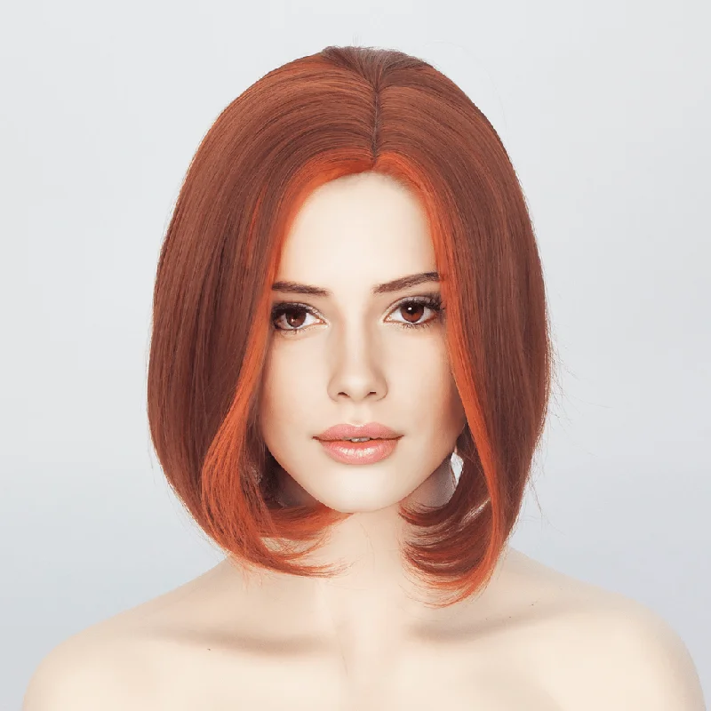 Lace - front bob wig for a seamless hairlineWomen Sunset Reddish Orange Short Straight Bob Side Part Wig