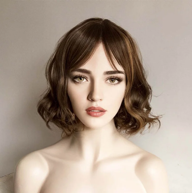 Synthetic bob wig with a natural - looking textureWomen Very Dark Brown Blonde Highlight Curly Bob Short Fringe Bangs Short Hair Wig