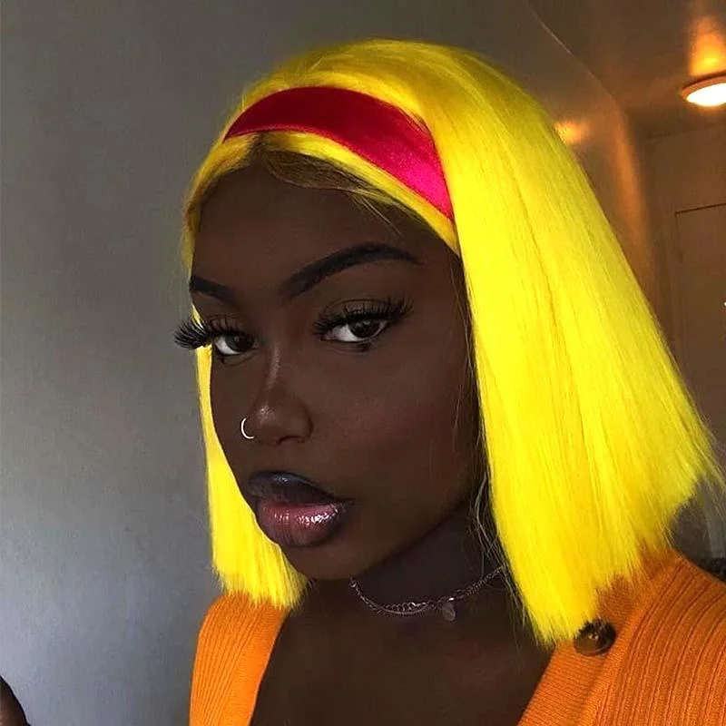 Colored wig with a silk - base cap for a comfortable and smooth feelYellow Bob Wig Human Hair Lace Wig Middle Part for sale Surprisehair