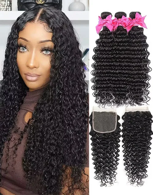 Adjustable - cap braided wigs for a comfortable fitDeep Wave Hair 32inch 3 Bundles With Closure Human Hair With Lace Closure