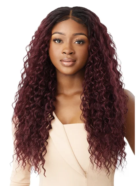 Colored braided wigs with a rainbow ombre effectOutre Premium Purple Pack Brazilian Boutique Weave - VIRGIN LOOSE DEEP 18" 20" 22" + Closure