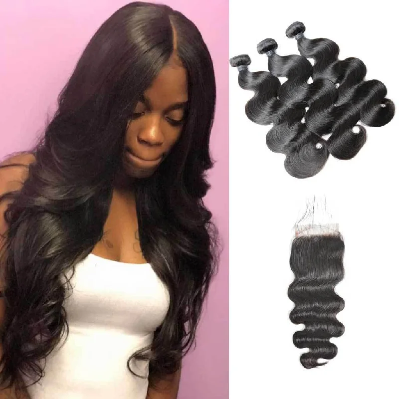 Human - hair wavy wig for a natural and luxurious feel10A Brazilian Body Wave 3 Bundles With Lace Closure Deal