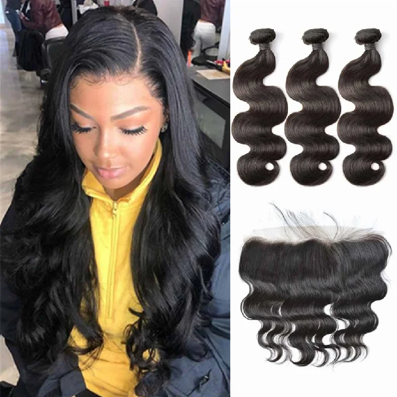 Wavy wig with auburn undertones for a unique and eye - catching color10A Brazilian Body Wave 3 Bundles With Lace Frontal