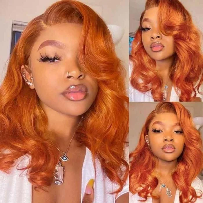 Wavy wig with a pre - styled curl pattern for convenienceGrade 10A Ginger Colored Wet and Wavy Body Wave Human Hair Lace Front Wigs