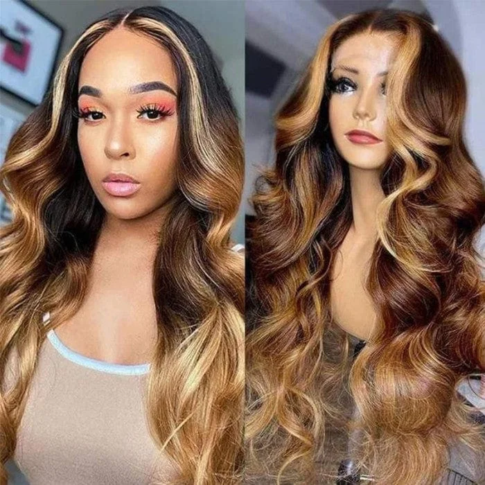 Human - hair wavy wig for a natural and luxurious feelHoney Blonde Money Piece Highlights Brown Ombre Body Wave Middle Lace Part Human Hair Wigs