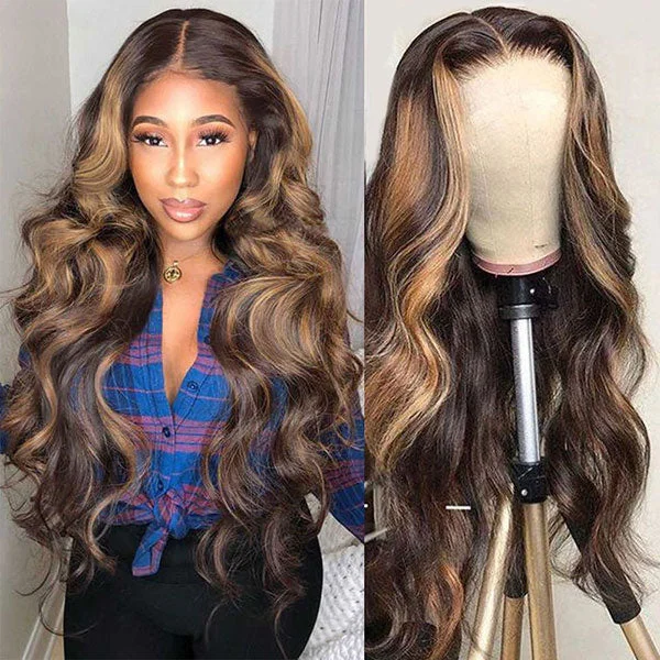 Wavy wig with a silk - base cap for a comfortable and smooth feelLolly Highlight Wig 13x4 HD Lace Front Wig Ombre Colored Body Wave Human Hair Wigs for Women