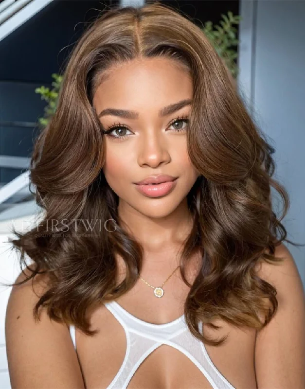 Wavy wig with a wavy bang for a trendy and modern style16-20 Inch Caramel Brown Wavy HD Lace Wear & Go Glueless Wig - CLW014