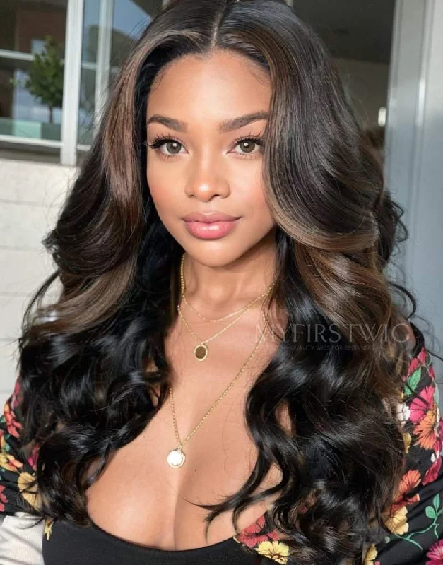 Wavy wig with a middle - part for a classic and elegant style16-20 Inch Highlight Brown Wavy HD Lace Wear & Go Glueless Wig - CLW011