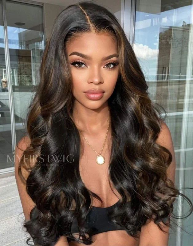 Wavy wig with a 180 - density for a full and thick appearance16-20 Inch Highlight Brown Wavy HD Lace Wear & Go Glueless Wig - CLW012