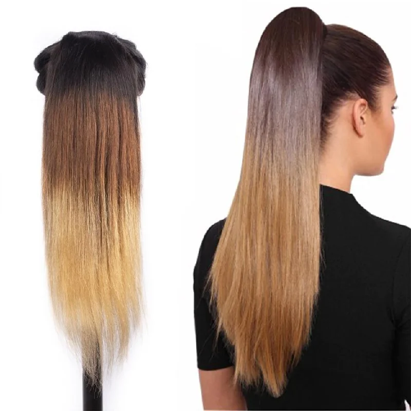 Ponytails with a middle - part for a classic and elegant style1b/4/27 Straight Drawstring Ponytail African American Hair Extension